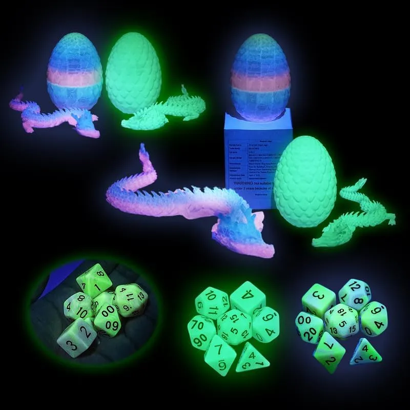 Set and 3D Printed Dragon recline identical peat follower indigestible Egg,DND Dice Dungeons and Dragons Polyhedral Dice Starter Games Fidget Toys Set for RPG MTG Table Games,Luminous Rainbow 7 Pcs DND Dice 