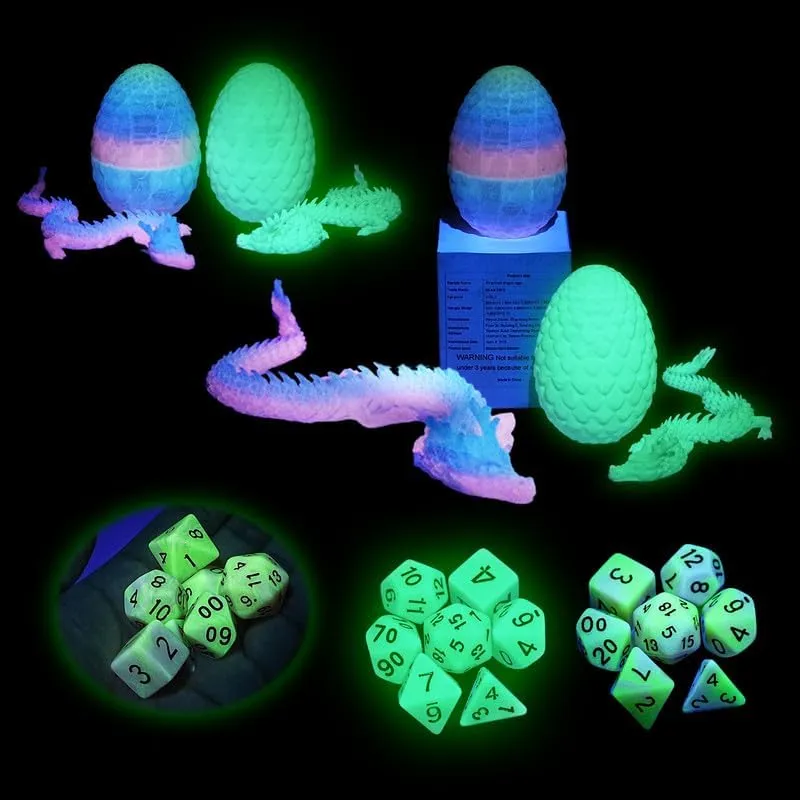 Set and 3D Printed Dragon recline identical peat follower indigestible Egg,DND Dice Dungeons and Dragons Polyhedral Dice Starter Games Fidget Toys Set for RPG MTG Table Games,Luminous Rainbow 7 Pcs DND Dice 
