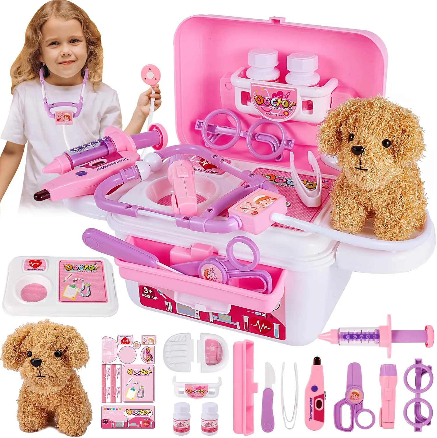 Set for Girls Boys Pretend Play Toys Doctor Kit for Kids, Dog Toy aviation Medical Carrier Case, Doctor Role Play Set with Lights Sounds, Vet Play 