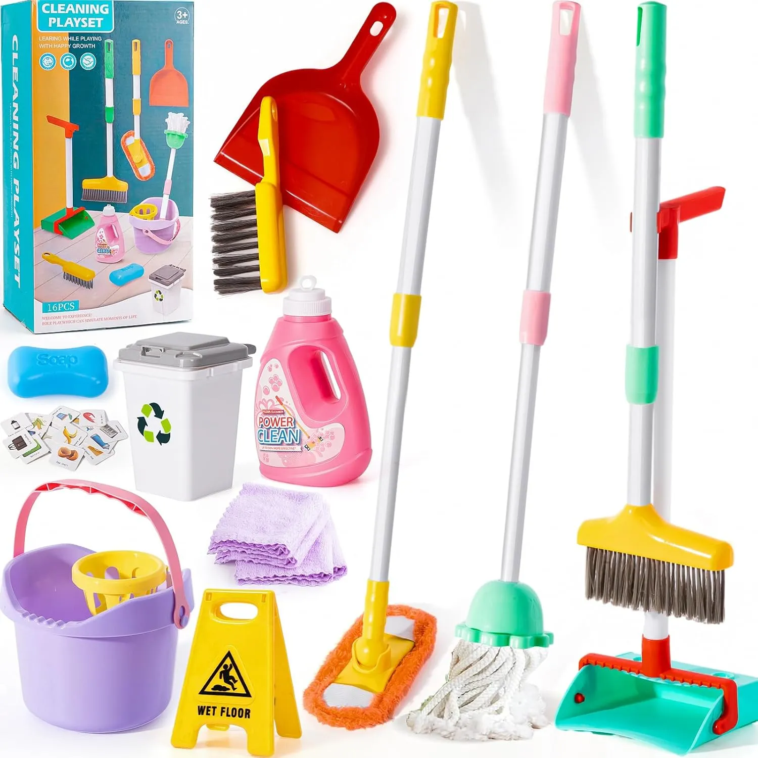 Set$ Kids Adjustable Mop Broom & Dustpan Set$ House Cleaning Tool Toys for Toddlers 1-3$Montessori Learning Pretend Play Gift for Girl Boy 1-3-5 Year Old Clean scout Toy 14PCS Toddler Kids Cleaning Toy 