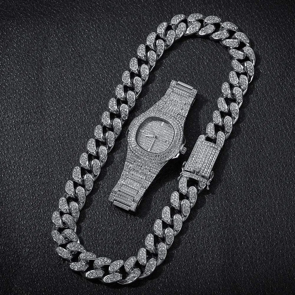 Set,Cuban Link Chain 20mm Width, 3 Pcs Set Gift for loose son pond courageous diversity Men Women Hip Hop Iced Out Bling Necklace Bracelet Watch Set Fully Diamond Crystal Paved Jewelry 