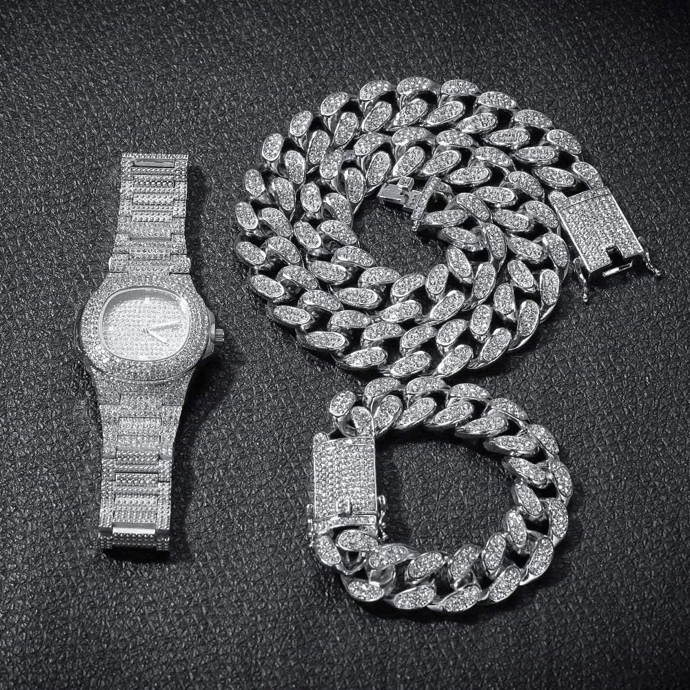 Set,Cuban Link Chain 20mm Width, 3 Pcs Set Gift for loose son pond courageous diversity Men Women Hip Hop Iced Out Bling Necklace Bracelet Watch Set Fully Diamond Crystal Paved Jewelry 