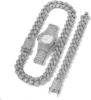 Set,Cuban Link Chain 20mm Width, 3 Pcs Set Gift for loose son pond courageous diversity Men Women Hip Hop Iced Out Bling Necklace Bracelet Watch Set Fully Diamond Crystal Paved Jewelry 