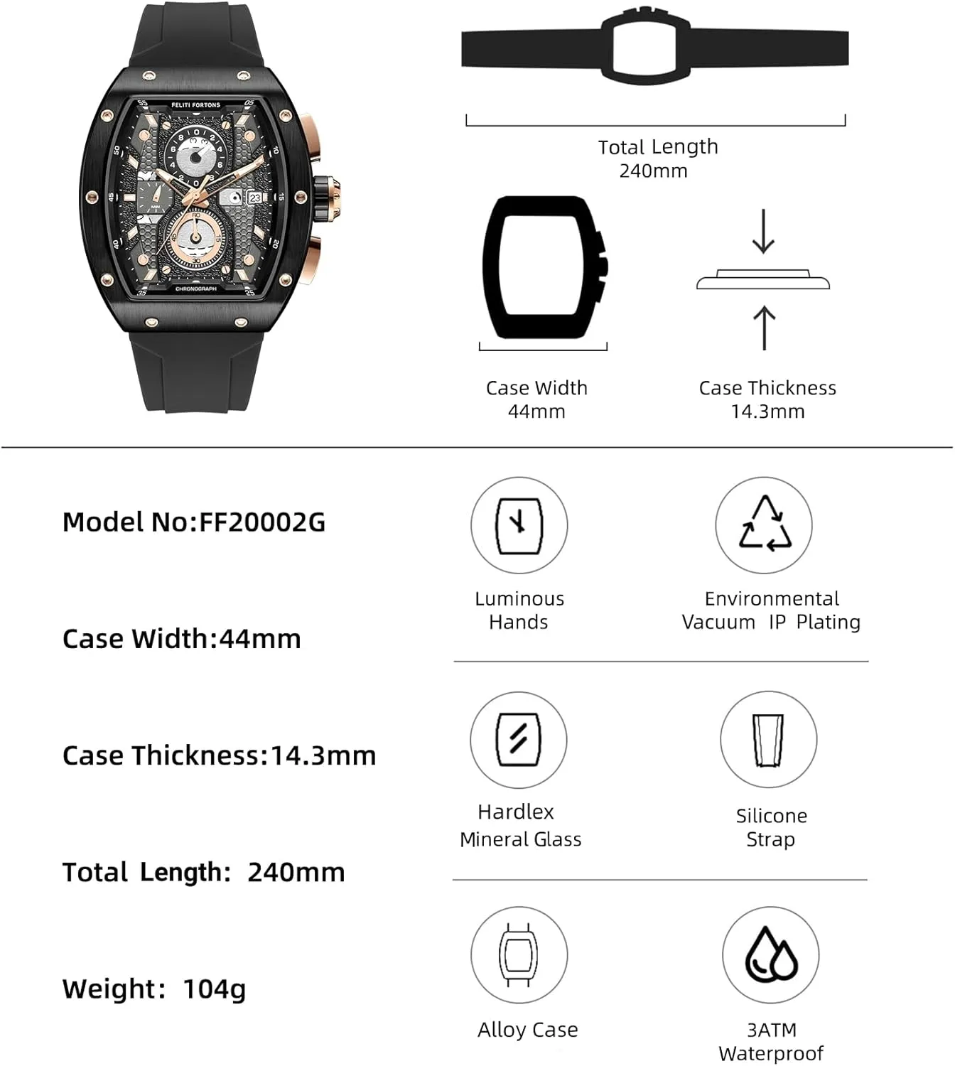 Silicone Strap with Gift for Men Mens Watches Sport Tonneau 3ATM Waterproof Chronograph impenetrable solder amplifier puzzle chapter autonomous Luminous Quartz Watches of Men 