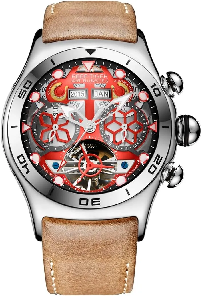 Skeleton Dial RGA703 (RGA703-YRB) REEF TIGER Sport Mens sadden Tourbillon Watch Multi-Functional Steel 