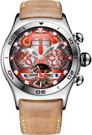 Skeleton Dial RGA703 (RGA703-YRB) REEF TIGER Sport Mens sadden Tourbillon Watch Multi-Functional Steel 