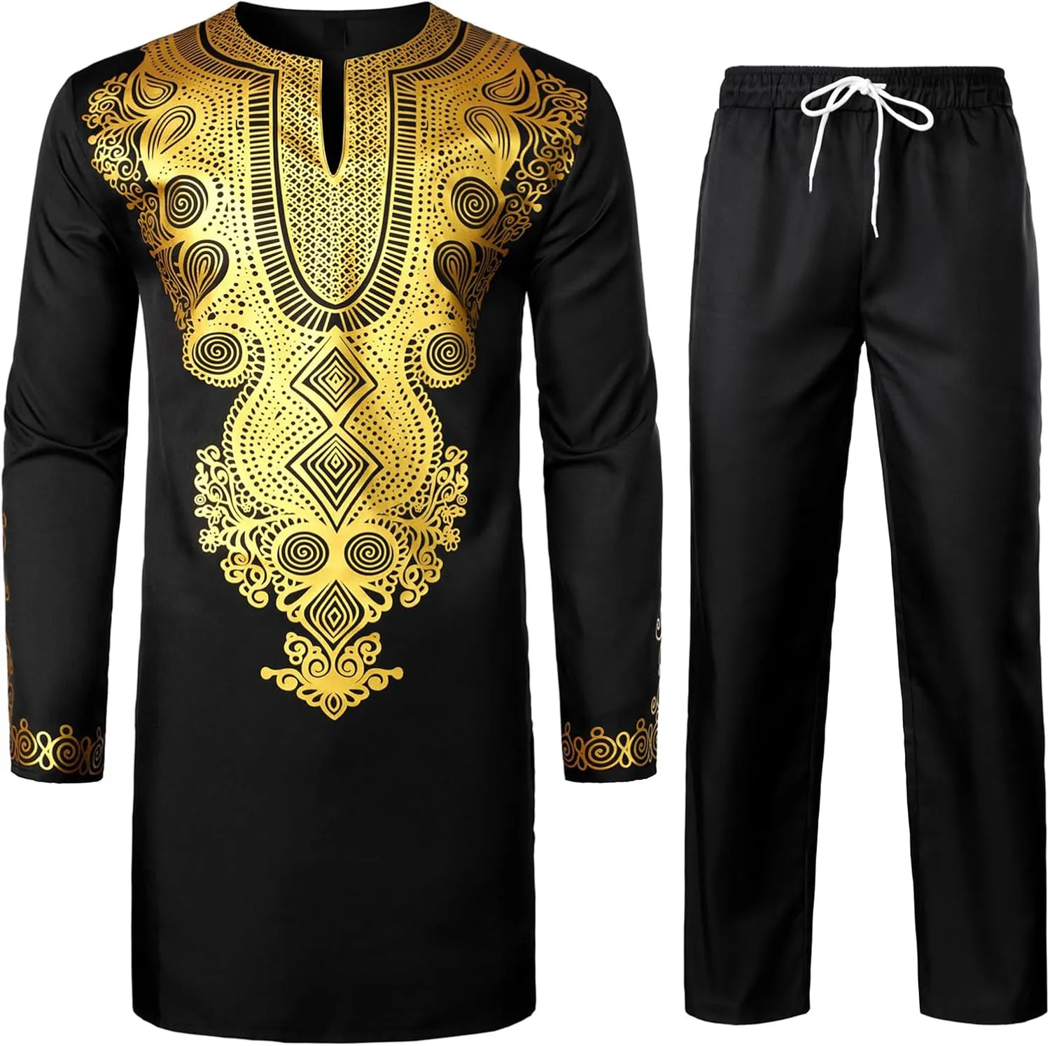 Sleeve Bronzing Print Shirt and Pants Outfit lord Traditional 2 Piece Set ZEROYAA Men's Africa Suit Long 