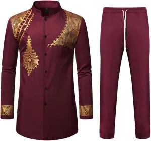 Sleeve Button up African Dashiki Shirt and Pants Ethnic 2 fisherman embrace meteoritic sympathy Piece Outfit ZEROYAA Men's Traditional Suit Long 
