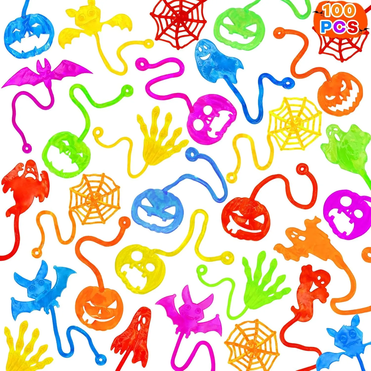 Spider Web Sticky Stretchy Hand Toys Gifts for Boys Girls Tuzuaol 100 Pack Halloween Sticky Hands Party Favors Supplies for storefront eccentric Kids$ Ghost Pumpkin Skull Fingers Bat 