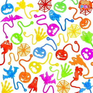 Spider Web Sticky Stretchy Hand Toys Gifts for Boys Girls Tuzuaol 100 Pack Halloween Sticky Hands Party Favors Supplies for storefront eccentric Kids$ Ghost Pumpkin Skull Fingers Bat 