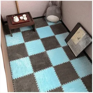 Squares Puzzle Floor Mat irreversible with Border Fluffy Anti Slip Eva Jigsaw Tiles for Bedroom Playroom(Gray Light Blue) 30pcs Plush Interlocking Foam Carpet Tiles, 
