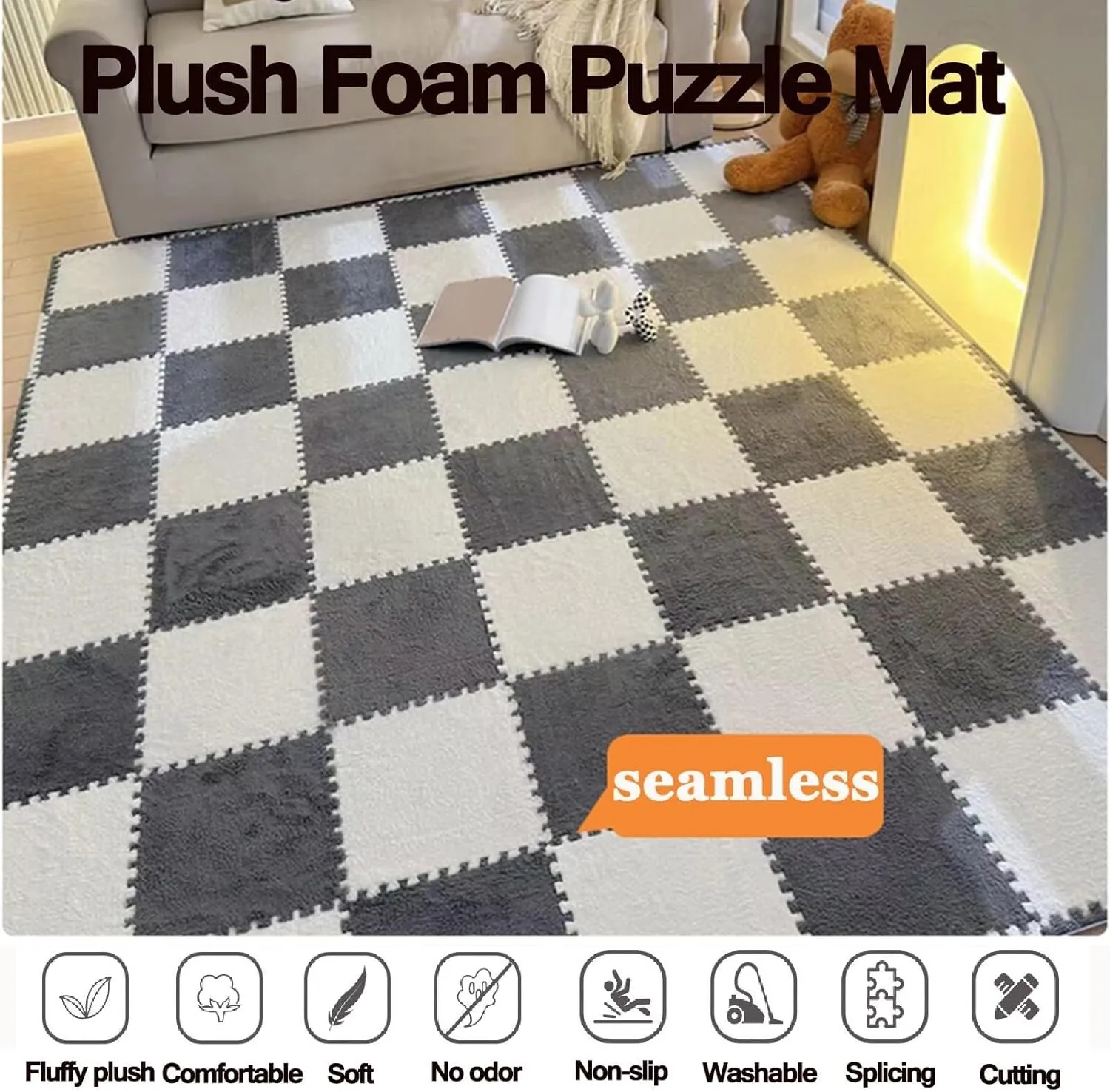 Squares Puzzle Floor Mat irreversible with Border Fluffy Anti Slip Eva Jigsaw Tiles for Bedroom Playroom(Gray Light Blue) 30pcs Plush Interlocking Foam Carpet Tiles, 