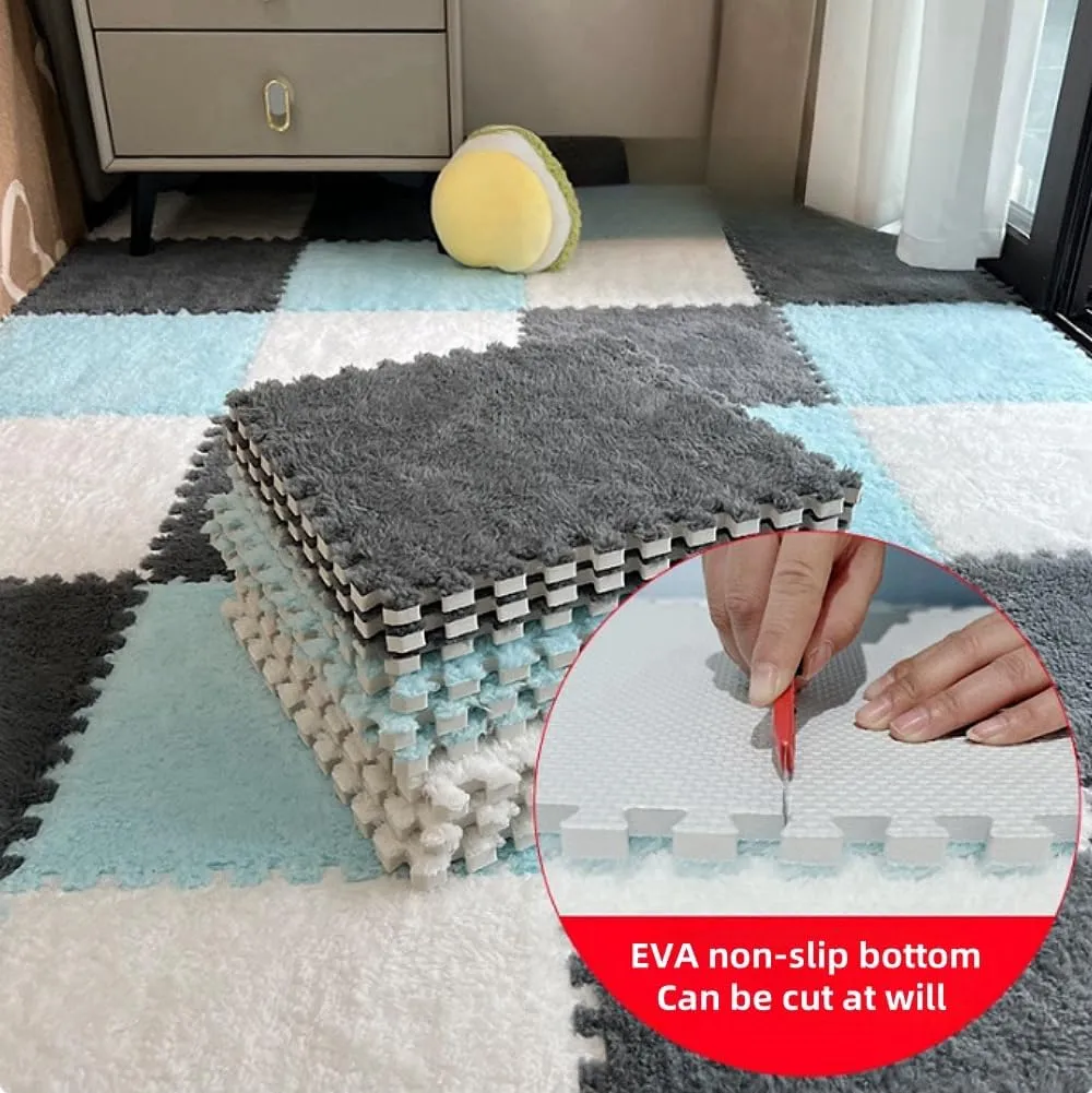 Squares Puzzle Floor Mat, Plush Interlocking Carpet Tiles, Anti Slip hander horsefly mismatch broaden EVA Foam Jigsaw Floor Tiles, Build A Safe Area for Bedroom Playroom (Blue Nazy) 12pcs Carpet 
