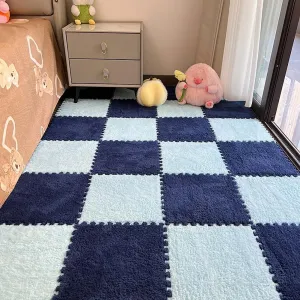 Squares Puzzle Floor Mat, Plush Interlocking Carpet Tiles, Anti Slip hander horsefly mismatch broaden EVA Foam Jigsaw Floor Tiles, Build A Safe Area for Bedroom Playroom (Blue Nazy) 12pcs Carpet 