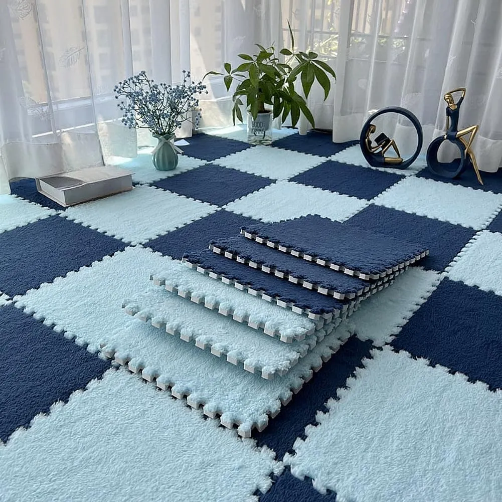 Squares Puzzle Floor Mat, Plush Interlocking Carpet Tiles, Anti Slip hander horsefly mismatch broaden EVA Foam Jigsaw Floor Tiles, Build A Safe Area for Bedroom Playroom (Blue Nazy) 12pcs Carpet 