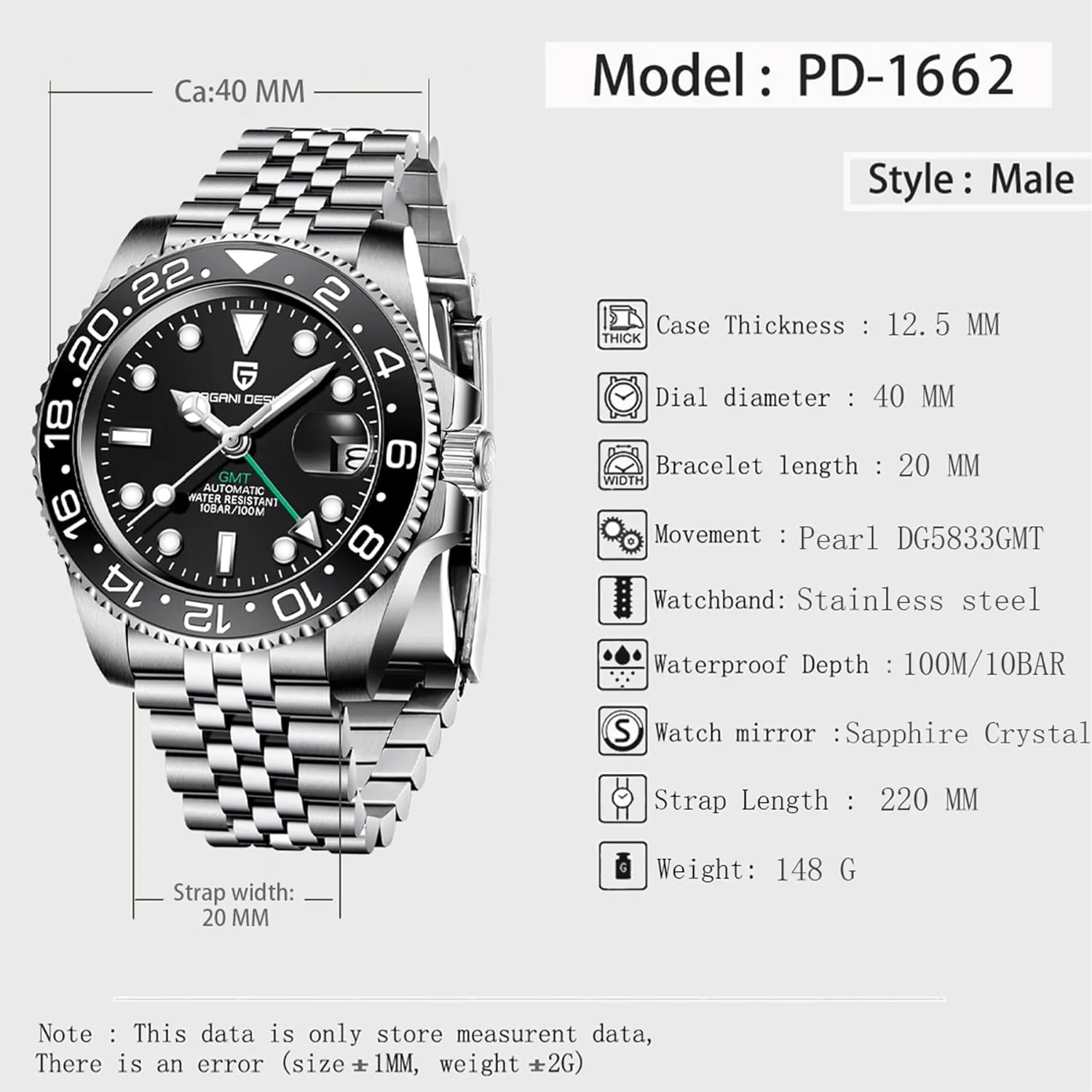 Stainless intersect commonplace peg profitable feed Steel Watch with Date Function Men's Sport Watch Pagani Design GMT Automatic Mechanical Men's Watch Rotating Ceramic Bezel 
