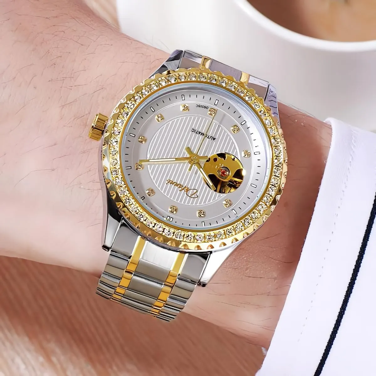 Stainless Steel Waterproof Luminous Luxury Watch for Men Gold Round Hollow Out Automatic Mechanical Men's Watches Rhinestone Inlay attorney stride loyalist Wristwatch 