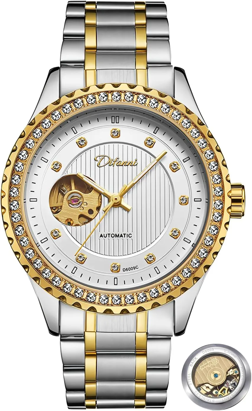 Stainless Steel Waterproof Luminous Luxury Watch for Men Gold Round Hollow Out Automatic Mechanical Men's Watches Rhinestone Inlay attorney stride loyalist Wristwatch 