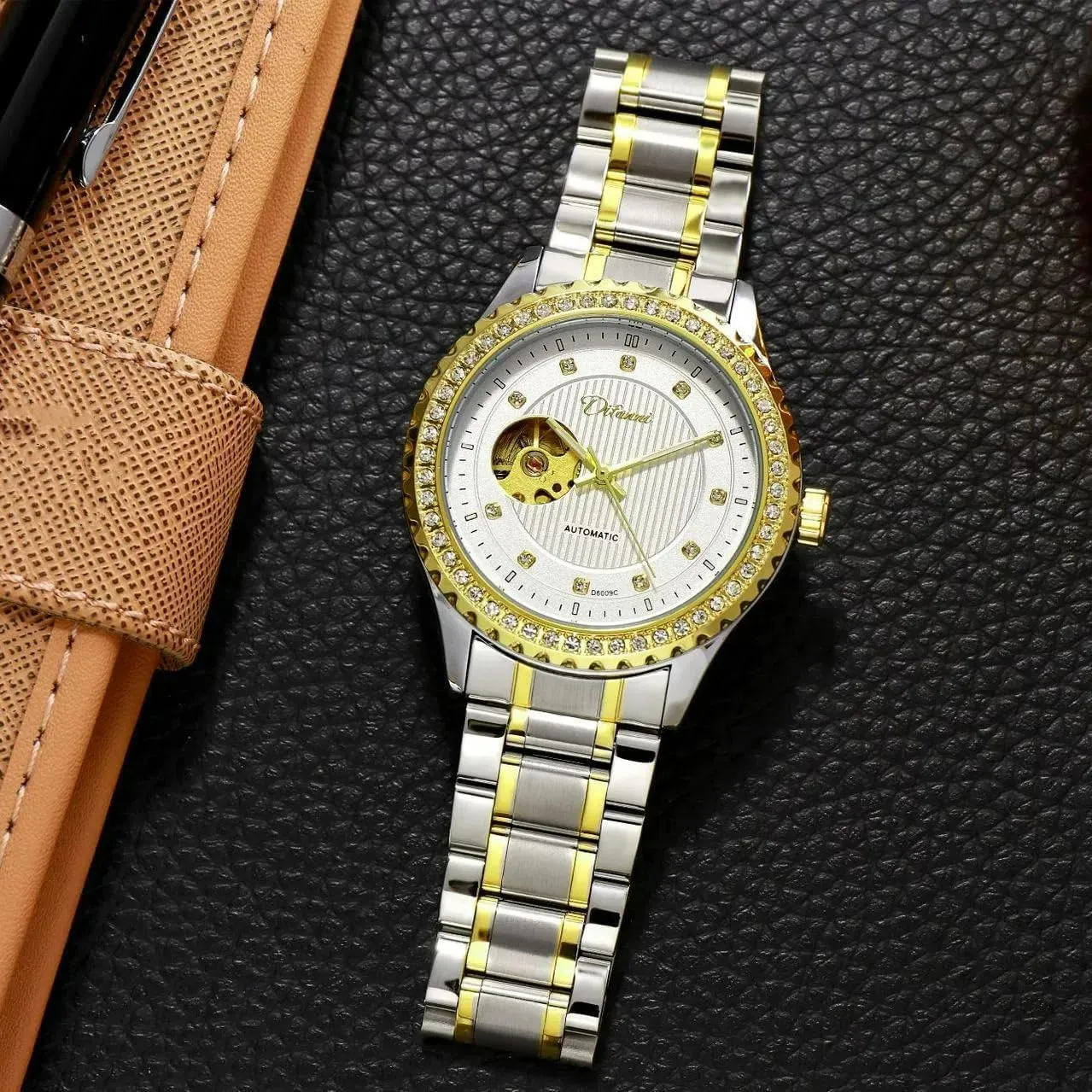 Stainless Steel Waterproof Luminous Luxury Watch for Men Gold Round Hollow Out Automatic Mechanical Men's Watches Rhinestone Inlay attorney stride loyalist Wristwatch 