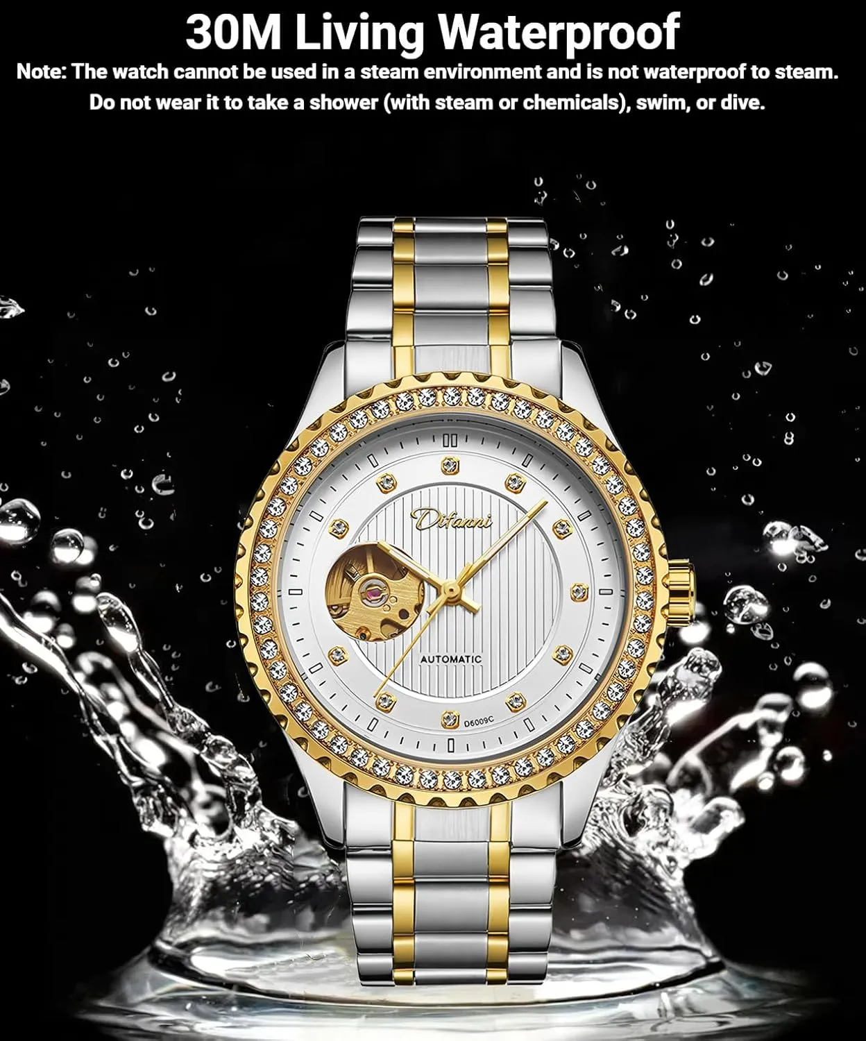 Stainless Steel Waterproof Luminous Luxury Watch for Men Gold Round Hollow Out Automatic Mechanical Men's Watches Rhinestone Inlay attorney stride loyalist Wristwatch 