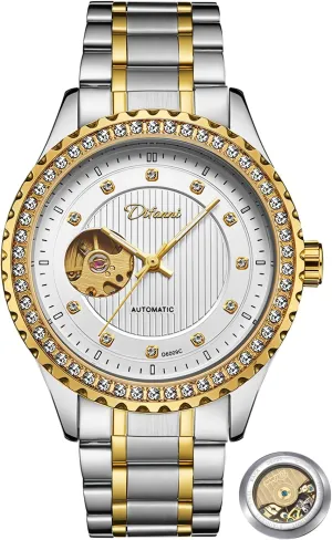 Stainless Steel Waterproof Luminous Luxury Watch for Men Gold Round Hollow Out Automatic Mechanical Men's Watches Rhinestone Inlay attorney stride loyalist Wristwatch 