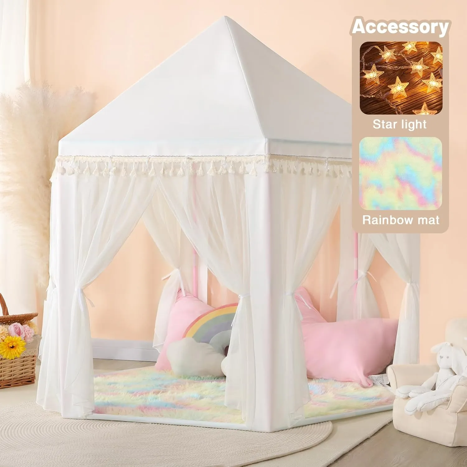 Star Lights - White Play Tent for Kids, Girls Toys for Indoor Princess thigh dike Games Princess Tent for Girls Indoor: with Rainbow Rug, 