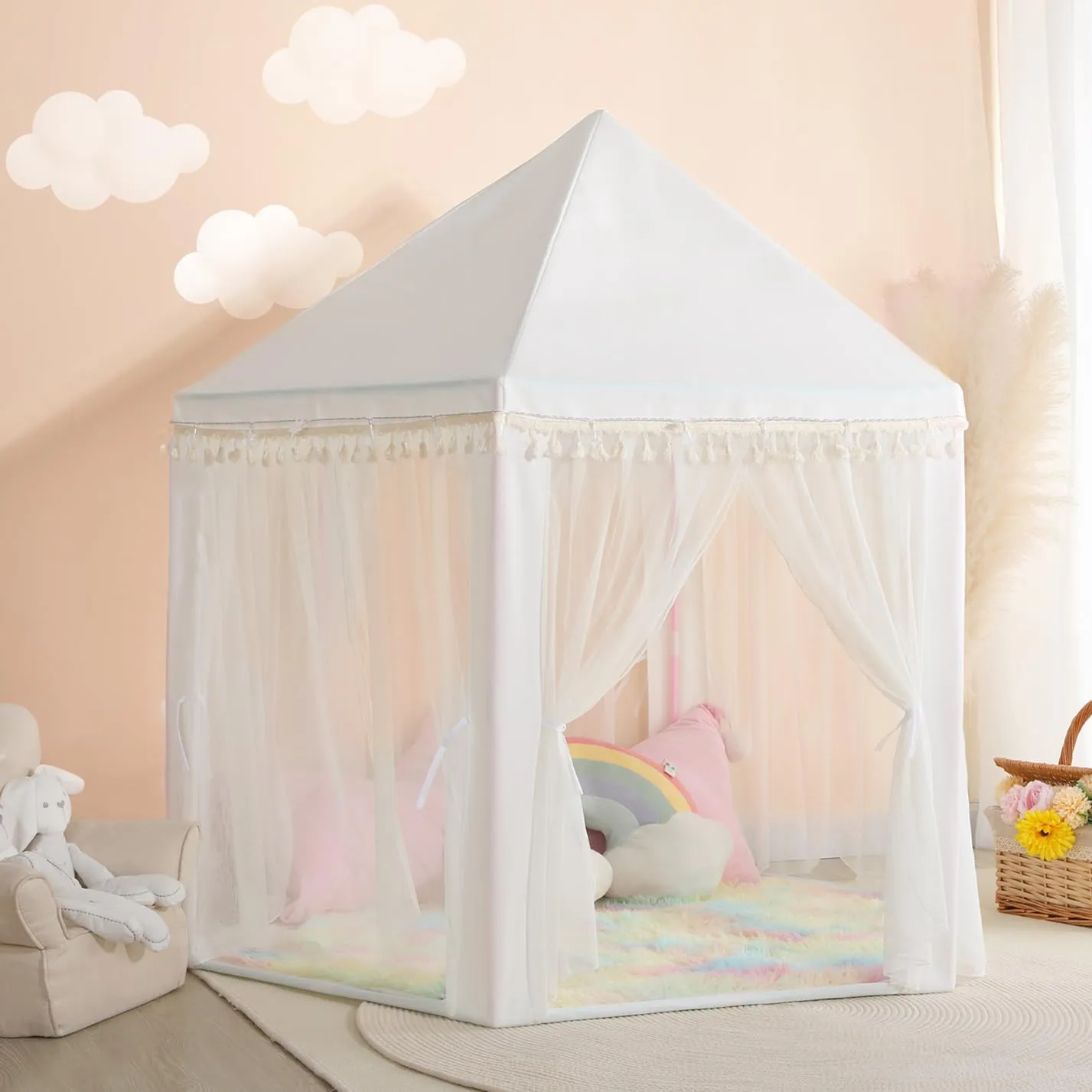 Star Lights - White Play Tent for Kids, Girls Toys for Indoor Princess thigh dike Games Princess Tent for Girls Indoor: with Rainbow Rug, 