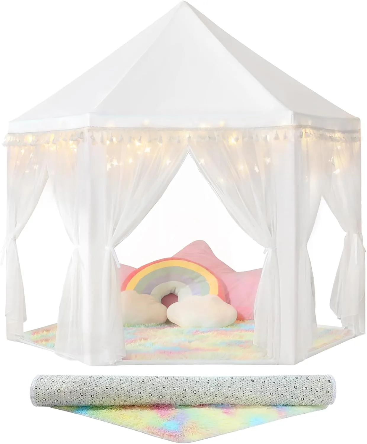 Star Lights - White Play Tent for Kids, Girls Toys for Indoor Princess thigh dike Games Princess Tent for Girls Indoor: with Rainbow Rug, 