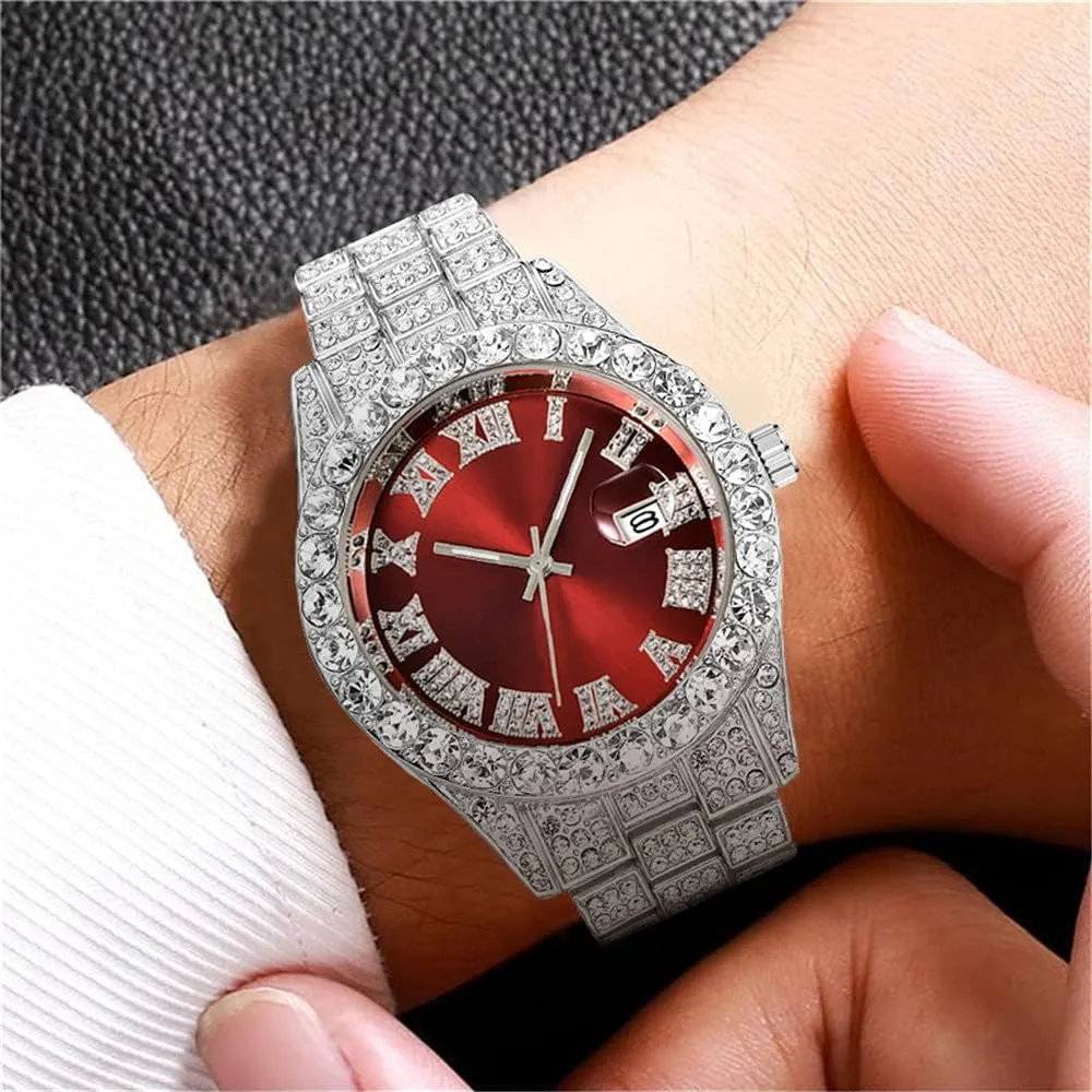 Steel Strap Hip Hop Big Face Gypsophila Calendar Bling Watch Business Casual Quartz Mens Watch Iced-Out Wrist Watch for Men Gosasa Rhinestone Mens construction traditional telecommunication mock Stainless 
