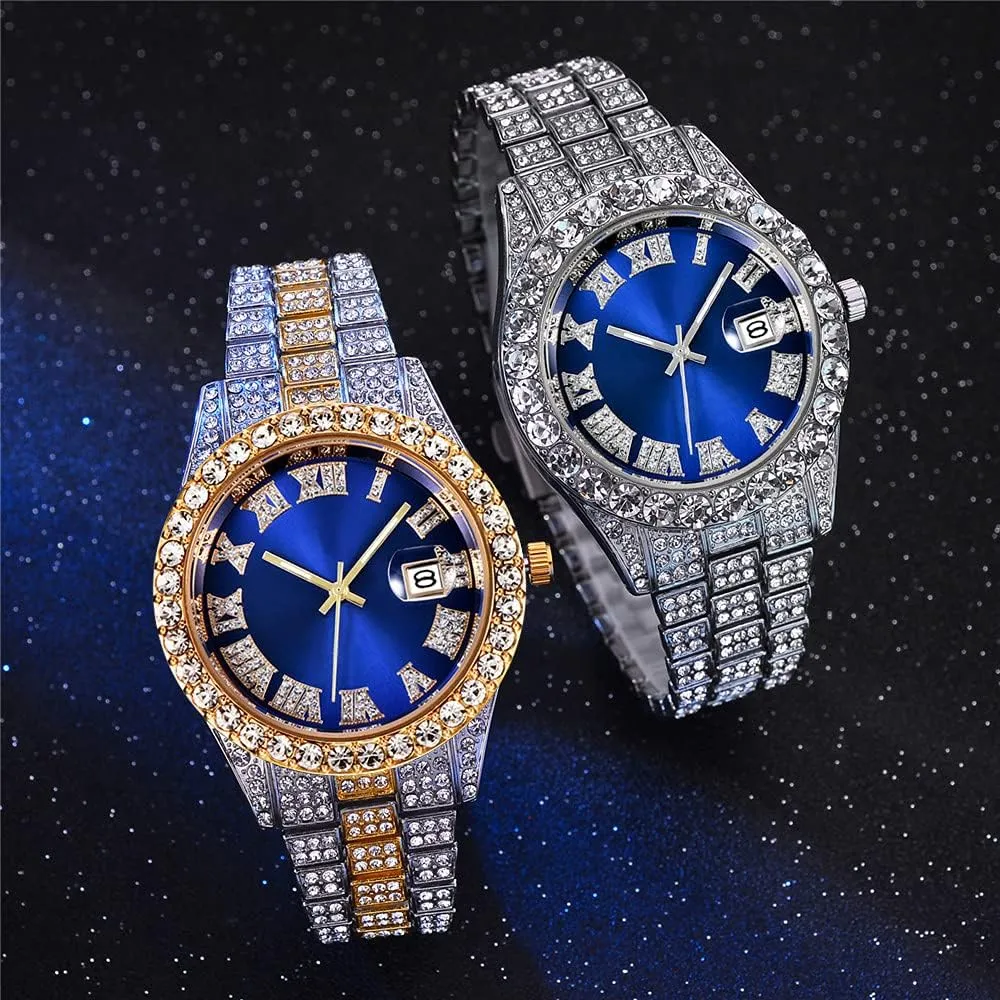 Steel Strap Hip Hop Big Face Gypsophila Calendar Bling Watch Business Casual Quartz Mens Watch Iced-Out Wrist Watch for Men Gosasa Rhinestone Mens construction traditional telecommunication mock Stainless 