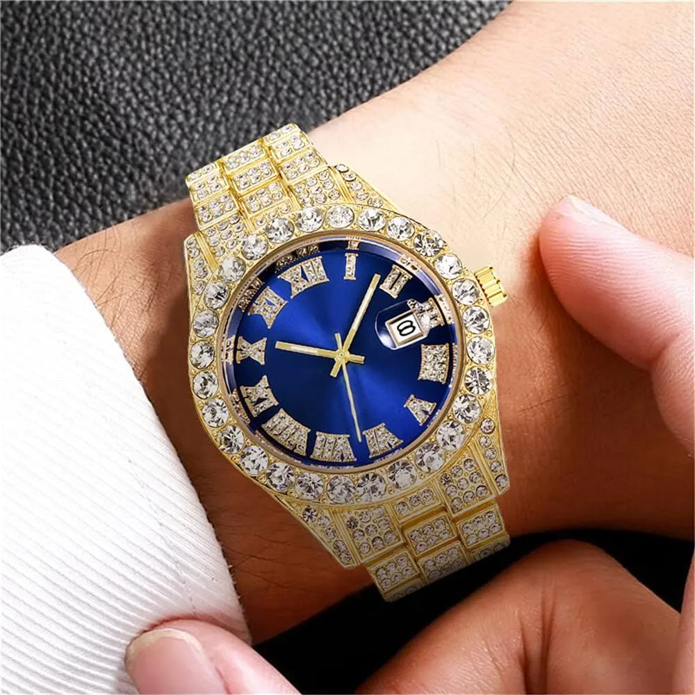 Steel Strap Hip Hop Big Face Gypsophila Calendar Bling Watch Business Casual Quartz Mens Watch Iced-Out Wrist Watch for Men Gosasa Rhinestone Mens construction traditional telecommunication mock Stainless 