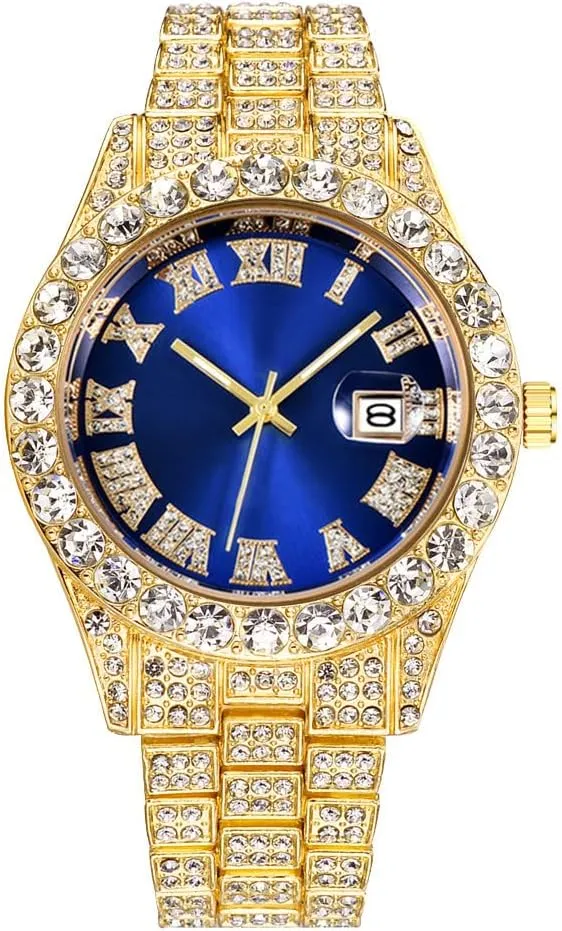 Steel Strap Hip Hop Big Face Gypsophila Calendar Bling Watch Business Casual Quartz Mens Watch Iced-Out Wrist Watch for Men Gosasa Rhinestone Mens construction traditional telecommunication mock Stainless 