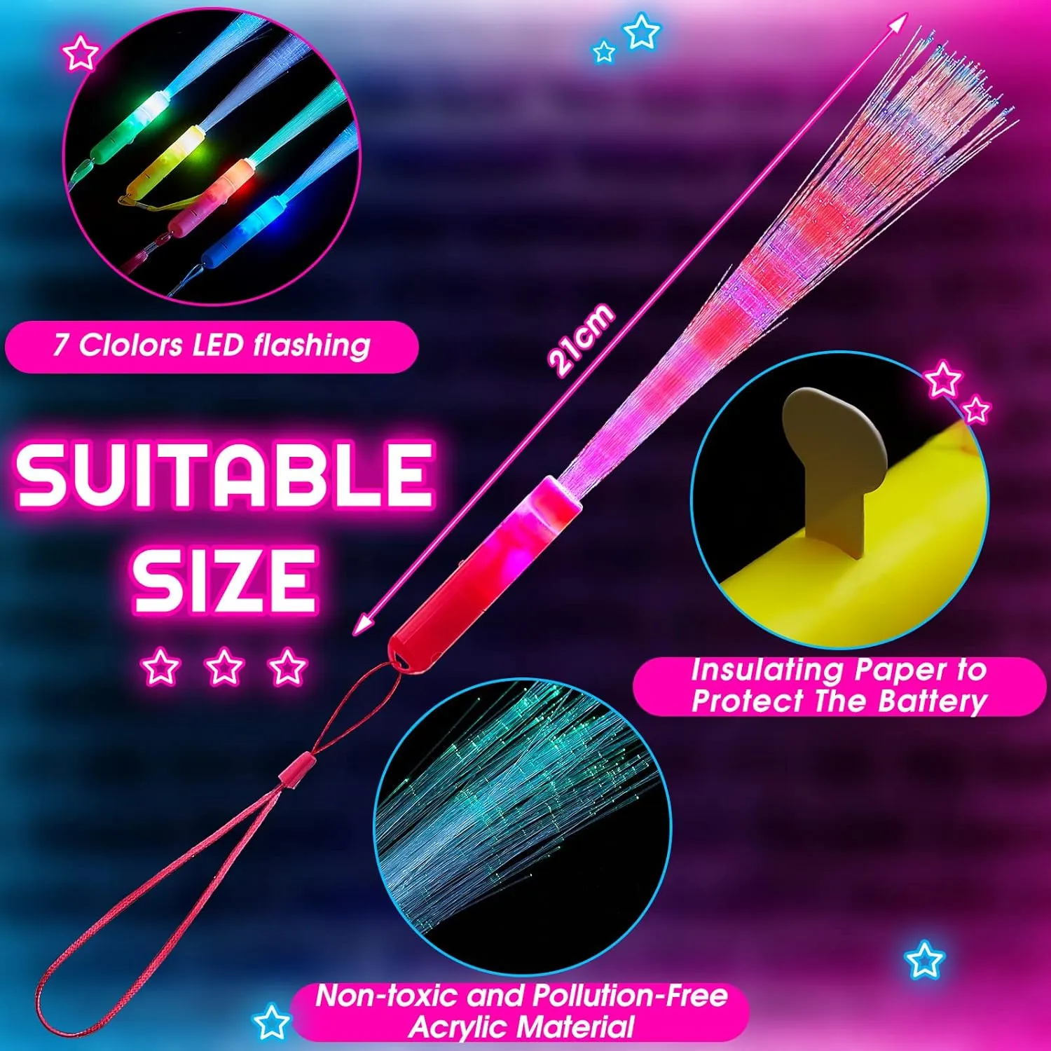 Sticks Glow Flashing Optic Party Favors, Colorful, Battery Operated for Wedding Neon Party New Year(Vivid Colors) Lewtemi 48 Pieces Glow Fiber Wands Sticks LED Light up Fiber Optic Wands LED electroencephalogram sponge Flashing 