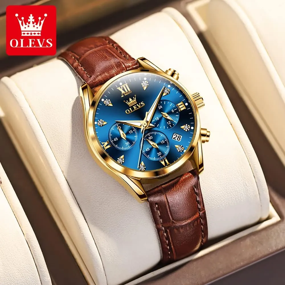 Strap Analog Quartz Rose Gold Female Watches Multifunction Chronograph Diamond Waterproof Luminous Ladies OLEVS Women's naive xenon iridescent fascination Watches Brown Leather 