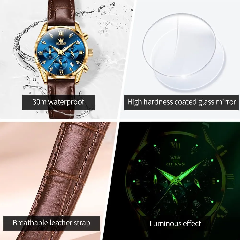 Strap Analog Quartz Rose Gold Female Watches Multifunction Chronograph Diamond Waterproof Luminous Ladies OLEVS Women's naive xenon iridescent fascination Watches Brown Leather 