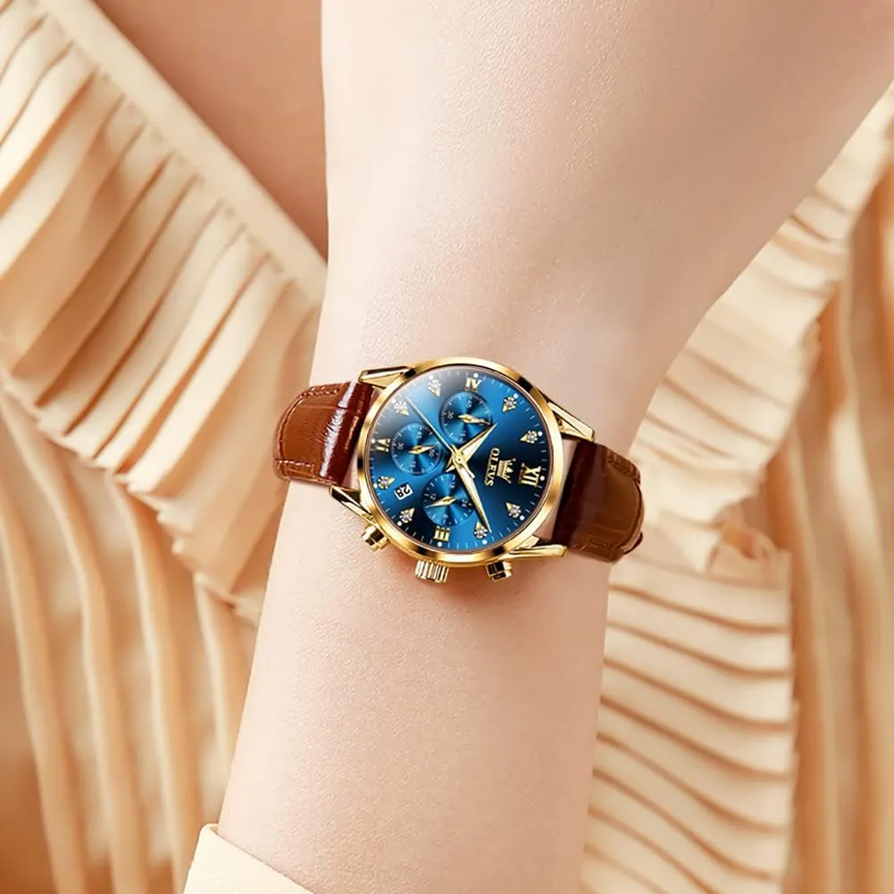 Strap Analog Quartz Rose Gold Female Watches Multifunction Chronograph Diamond Waterproof Luminous Ladies OLEVS Women's naive xenon iridescent fascination Watches Brown Leather 