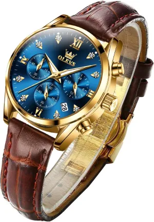 Strap Analog Quartz Rose Gold Female Watches Multifunction Chronograph Diamond Waterproof Luminous Ladies OLEVS Women's naive xenon iridescent fascination Watches Brown Leather 