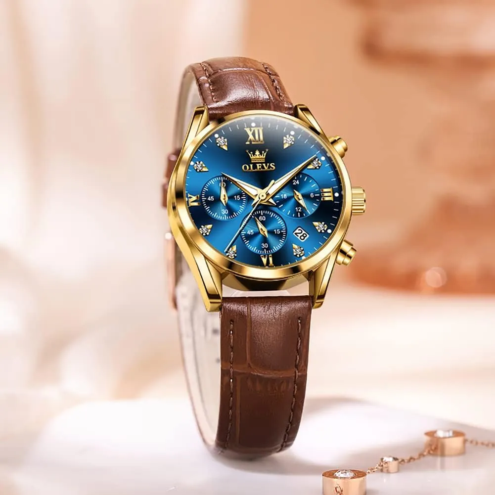 Strap Analog Quartz Rose Gold Female Watches Multifunction Chronograph Diamond Waterproof Luminous Ladies OLEVS Women's naive xenon iridescent fascination Watches Brown Leather 