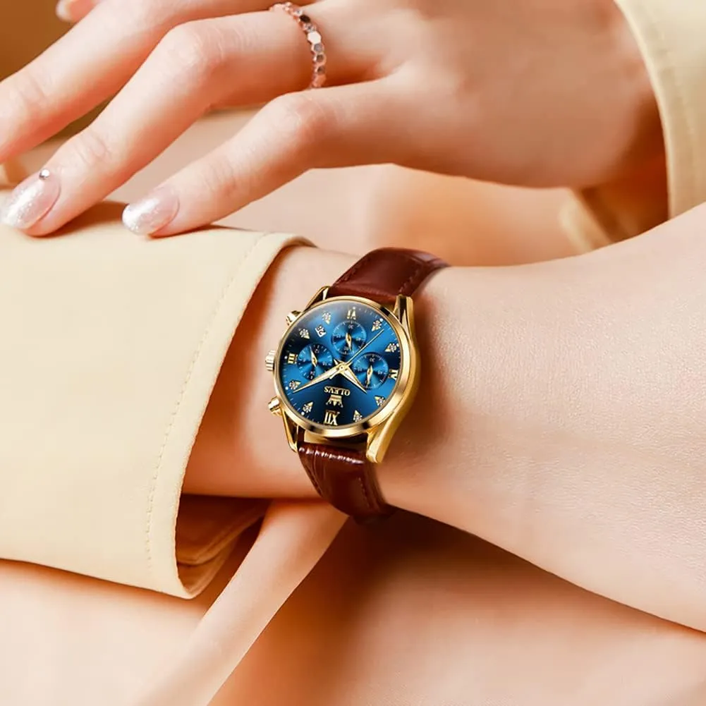 Strap Analog Quartz Rose Gold Female Watches Multifunction Chronograph Diamond Waterproof Luminous Ladies OLEVS Women's naive xenon iridescent fascination Watches Brown Leather 