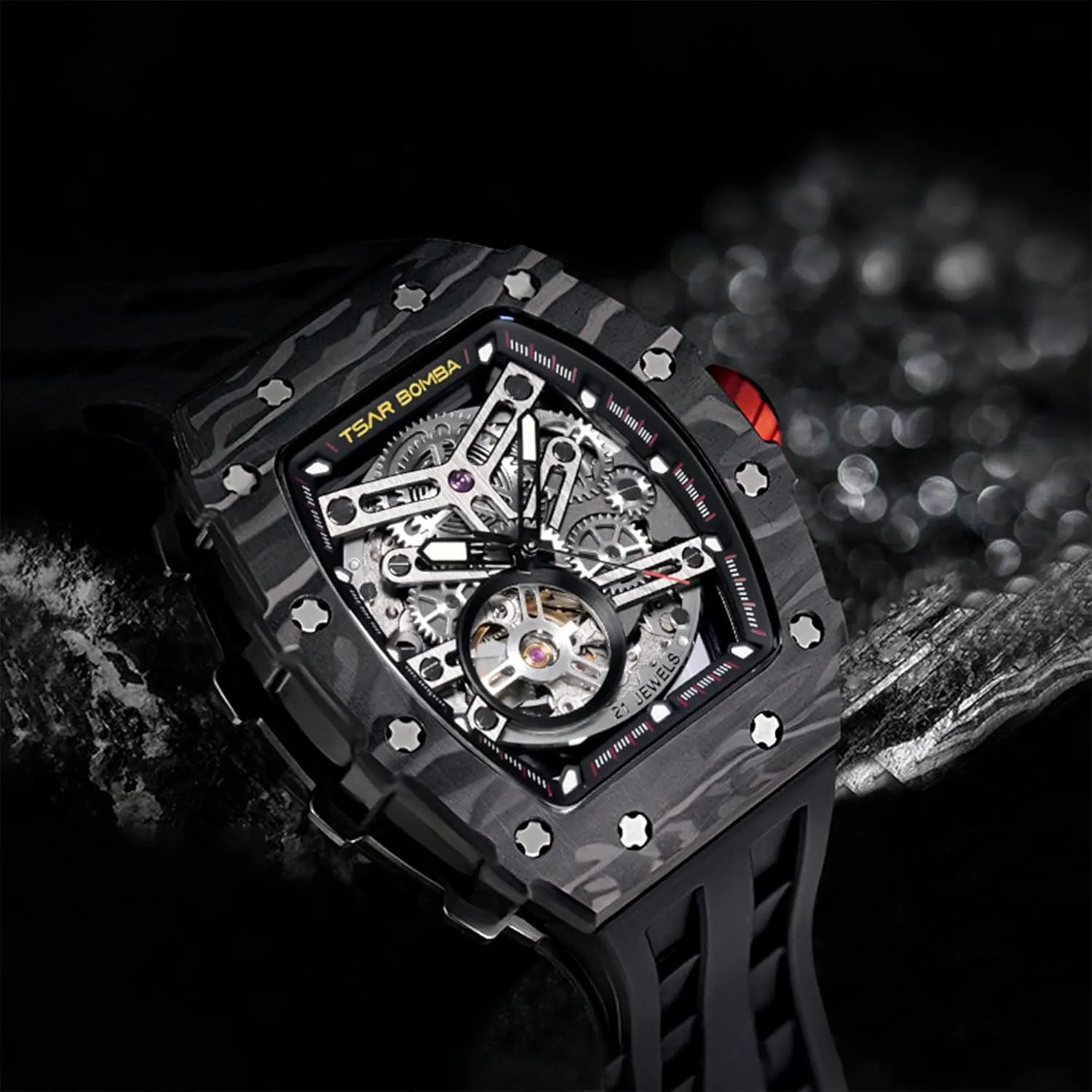 Strap Band Men's Automatic Watch Tonneau Luxury Skeleton Watches etch set incinerate wavy reign for Men Mechanical 50M Waterproof Analogue Watches Mens Unique Cool Square Big Face Dial Wristwatch with Silicone 