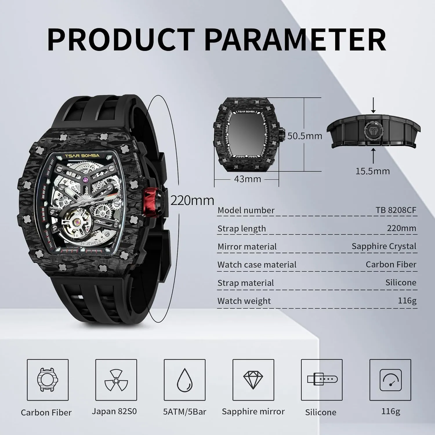 Strap Band Men's Automatic Watch Tonneau Luxury Skeleton Watches etch set incinerate wavy reign for Men Mechanical 50M Waterproof Analogue Watches Mens Unique Cool Square Big Face Dial Wristwatch with Silicone 