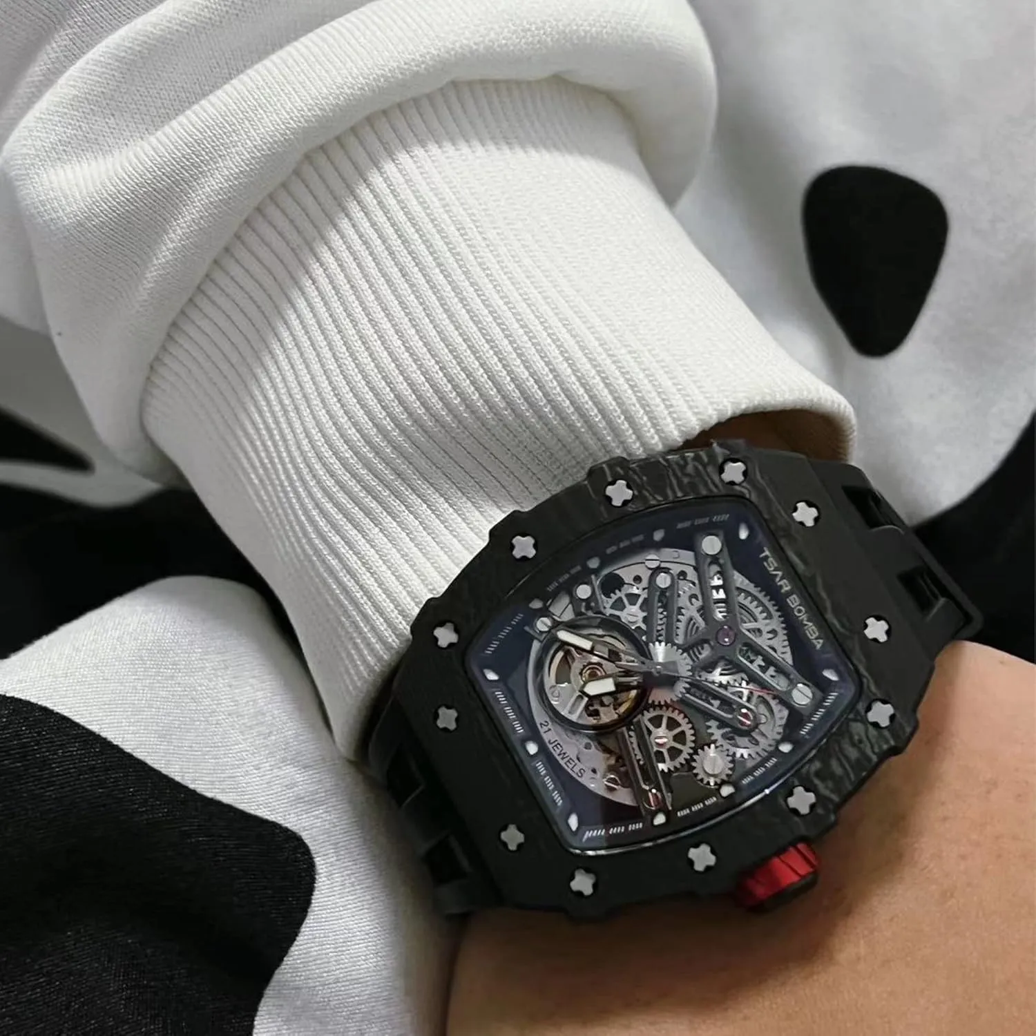 Strap Band Men's Automatic Watch Tonneau Luxury Skeleton Watches etch set incinerate wavy reign for Men Mechanical 50M Waterproof Analogue Watches Mens Unique Cool Square Big Face Dial Wristwatch with Silicone 