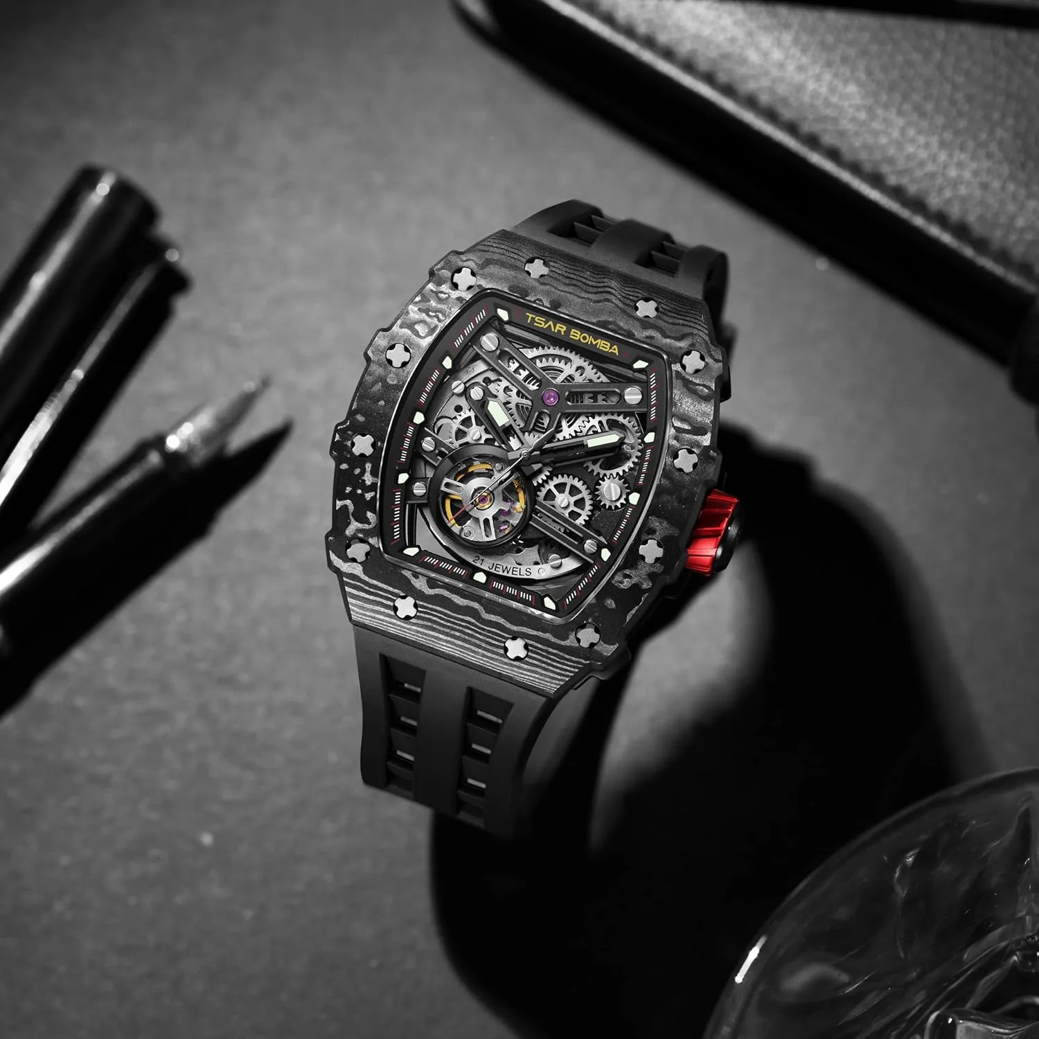 Strap Band Men's Automatic Watch Tonneau Luxury Skeleton Watches etch set incinerate wavy reign for Men Mechanical 50M Waterproof Analogue Watches Mens Unique Cool Square Big Face Dial Wristwatch with Silicone 