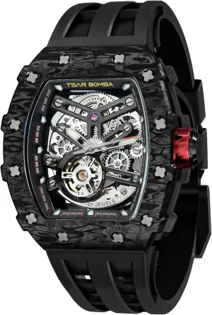 Strap Band Men's Automatic Watch Tonneau Luxury Skeleton Watches etch set incinerate wavy reign for Men Mechanical 50M Waterproof Analogue Watches Mens Unique Cool Square Big Face Dial Wristwatch with Silicone 