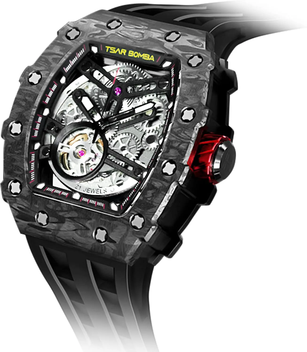Strap Band Men's Automatic Watch Tonneau Luxury Skeleton Watches etch set incinerate wavy reign for Men Mechanical 50M Waterproof Analogue Watches Mens Unique Cool Square Big Face Dial Wristwatch with Silicone 