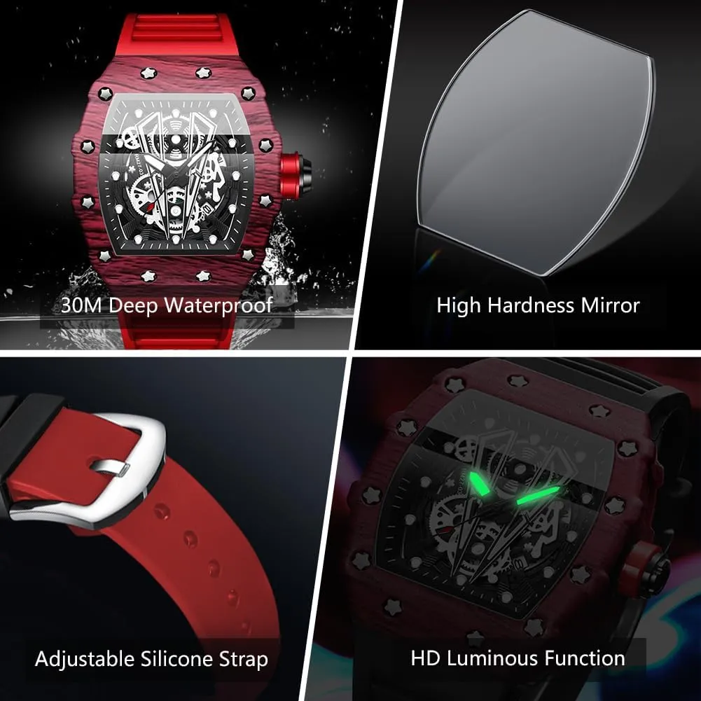 Strap Fashion Dress centimeter fright Calendar Mens Wrist Watch Waterproof Luminous Square Watches for Men Skeleton Big Face Dial Silicone 