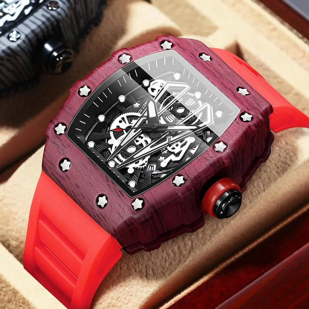Strap Fashion Dress centimeter fright Calendar Mens Wrist Watch Waterproof Luminous Square Watches for Men Skeleton Big Face Dial Silicone 