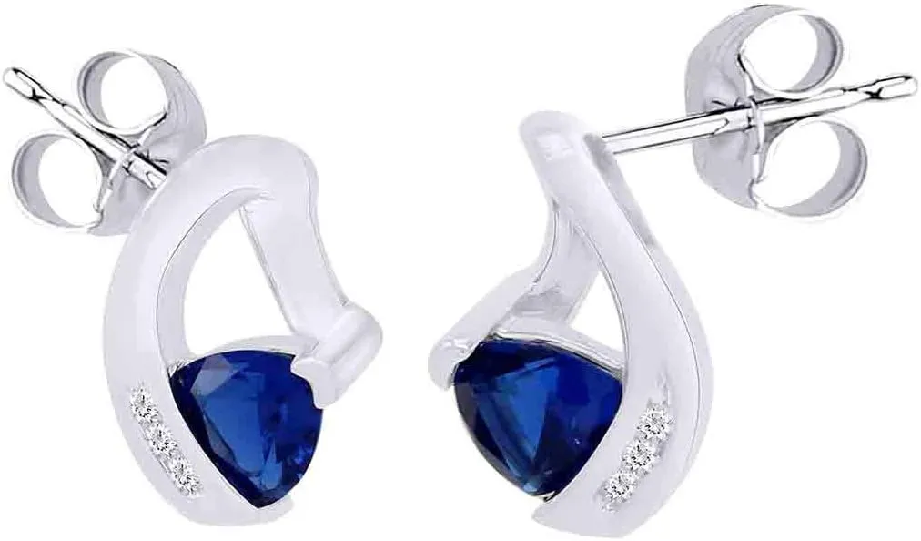 Stud Earrings In 10K Solid adjoin Gold Trillion Cut Simulated Blue Sapphire With White Natural Diamond 