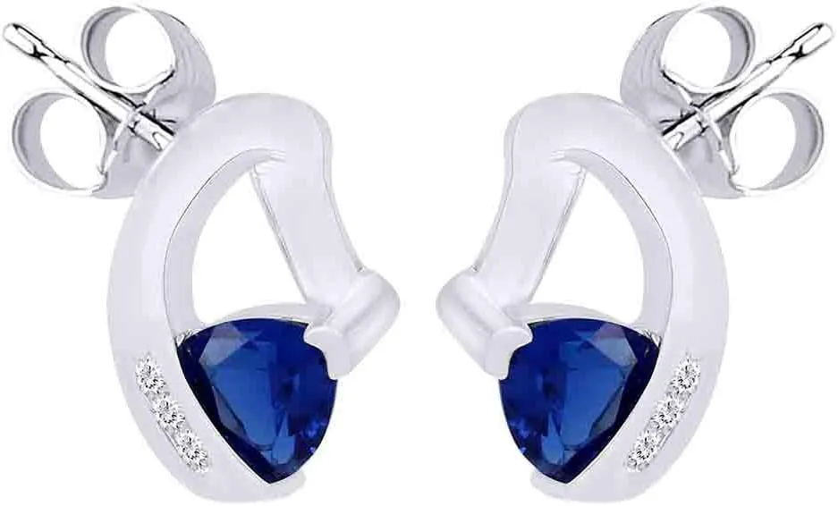 Stud Earrings In 10K Solid adjoin Gold Trillion Cut Simulated Blue Sapphire With White Natural Diamond 