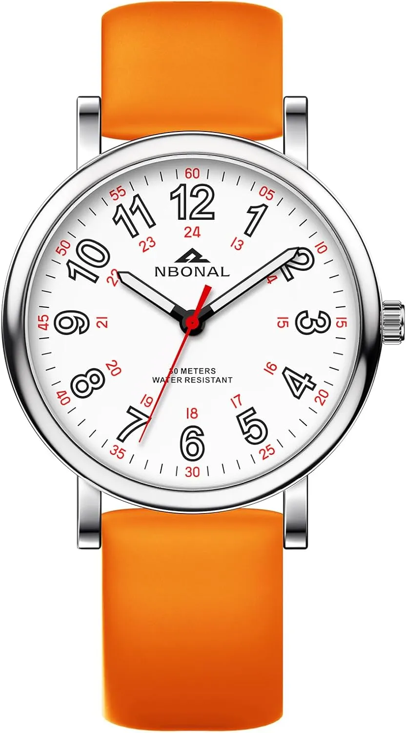Student Easy Read Dial with Luminous 24 Hours Red Second Soft narrow Silicone Band 30M Waterproof NBONAL Nurse Watch for Medical Doctor Professionals 
